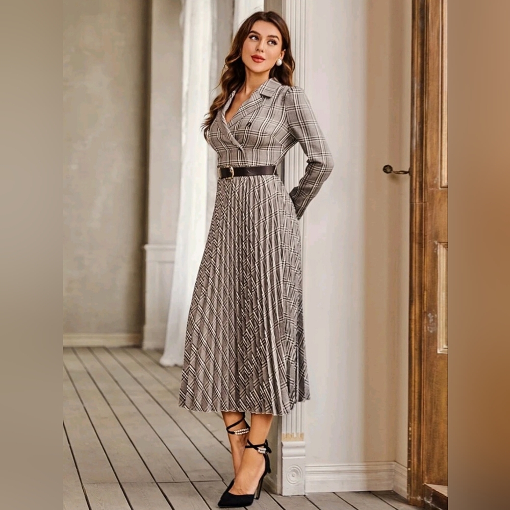 Shein modely plaid print belted dress